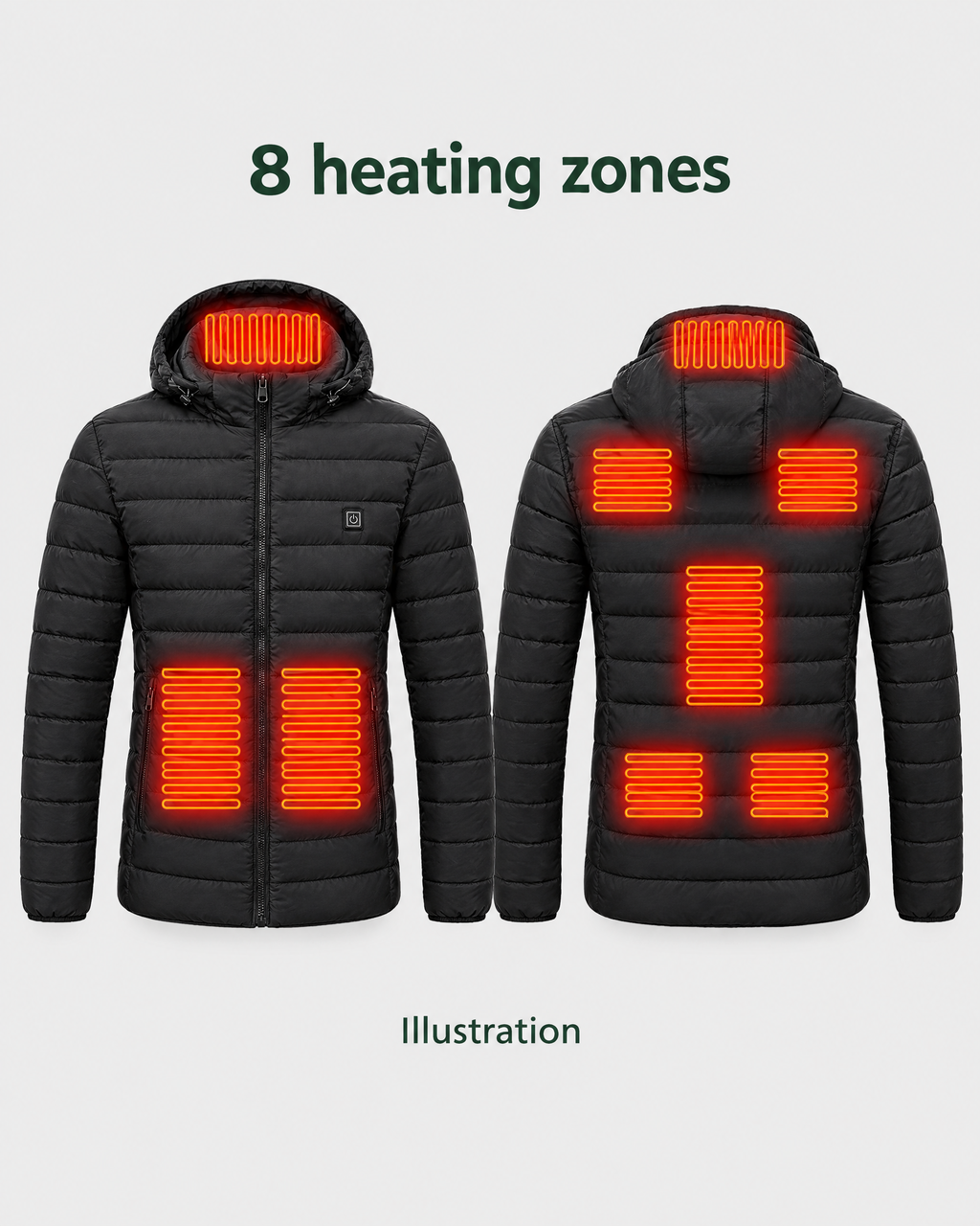 Men's USB Heated Jacket — 8 Areas Heated Black — heating guide [WB gallery 12/8]