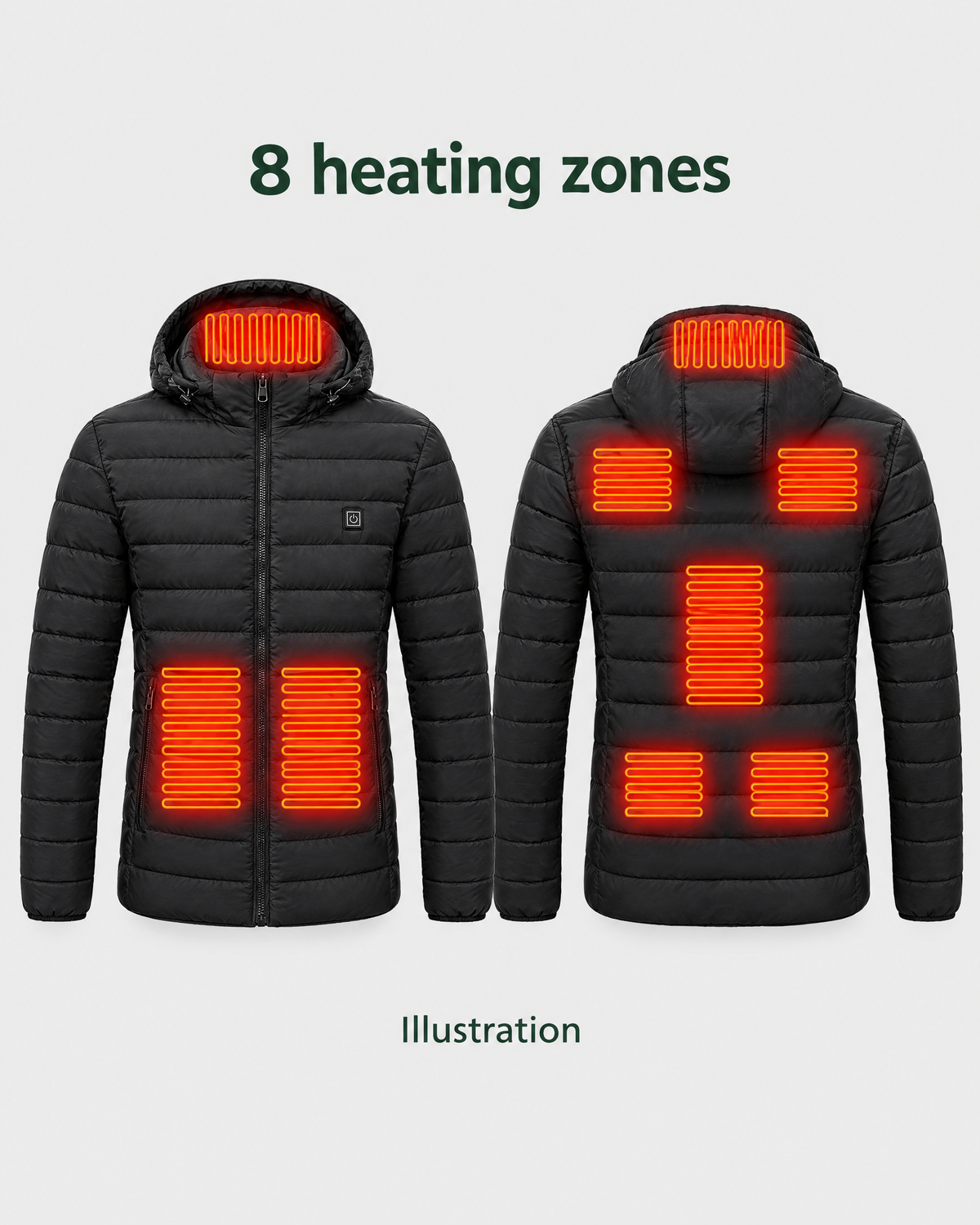 Men's USB Heated Jacket — 8 Areas Heated Black — heating guide [WB gallery 12/8]