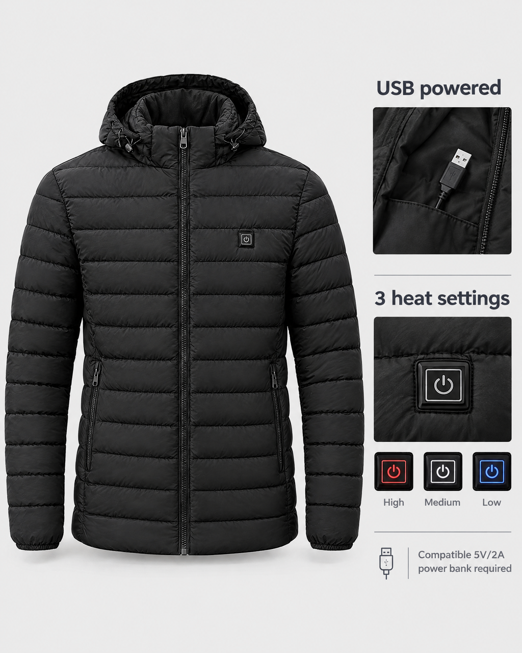 Men's USB Heated Jacket — 8 Areas Heated Black — power guide [WB gallery 12/9]