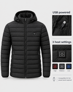 Men's USB Heated Jacket — 8 Areas Heated Black — power guide [WB gallery 12/9]