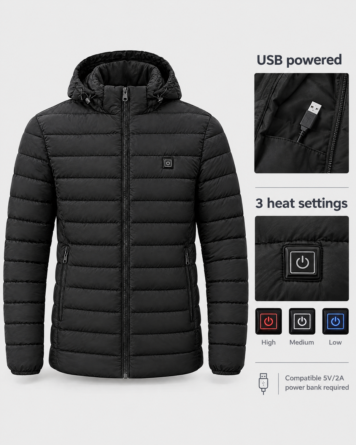 Men's USB Heated Jacket — 8 Areas Heated Black — power guide [WB gallery 12/9]