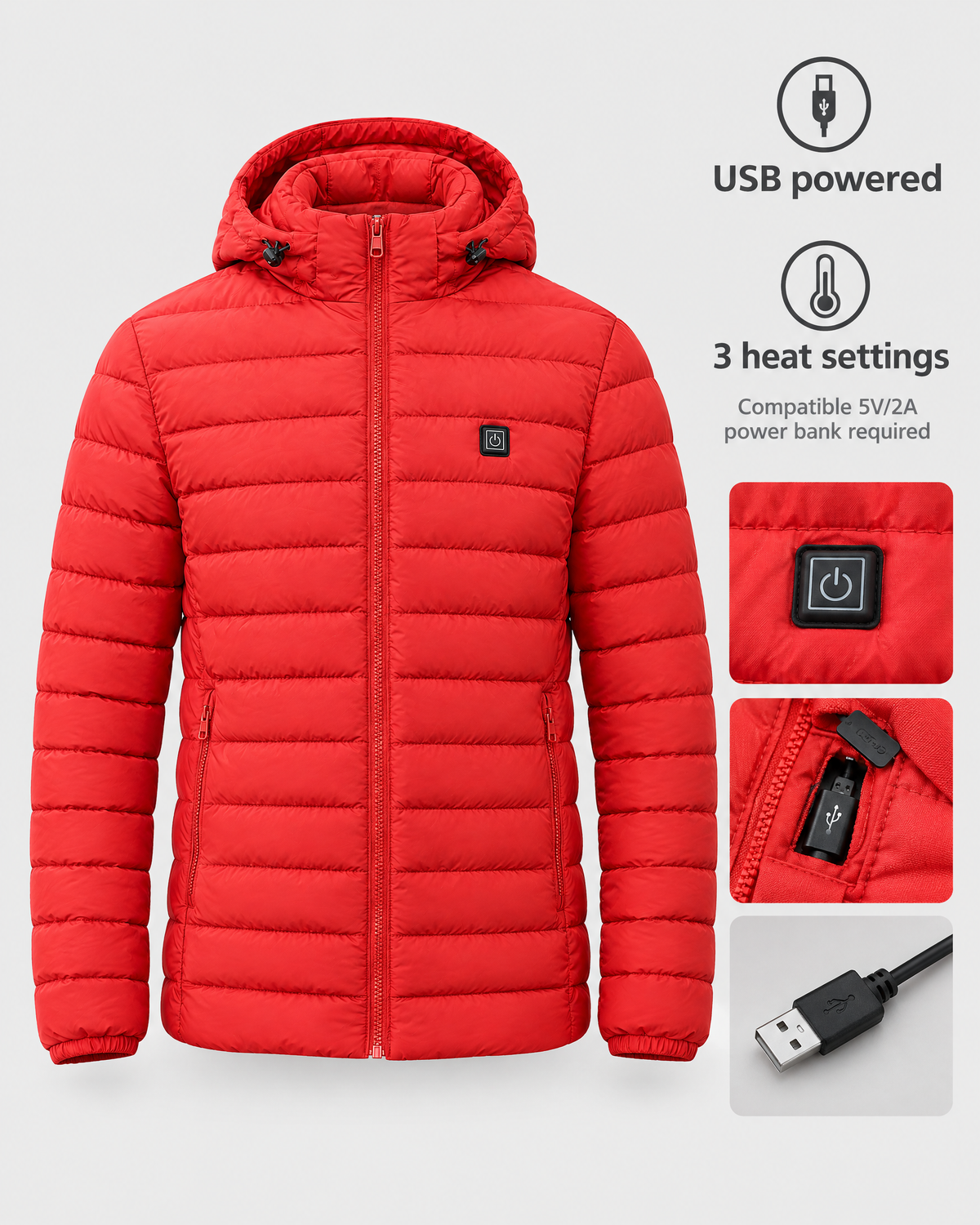 Men's USB Heated Jacket — 8 Areas Heated Red — power guide [WB gallery 14/9]