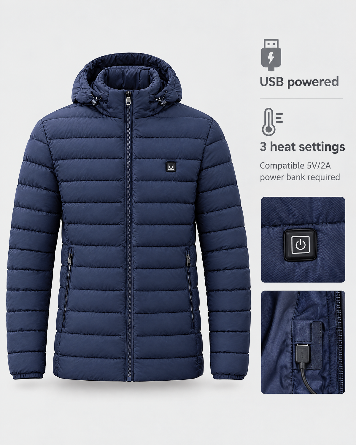 Men's USB Heated Jacket — 9 Areas Heated Blue — power guide [WB gallery 16/9]