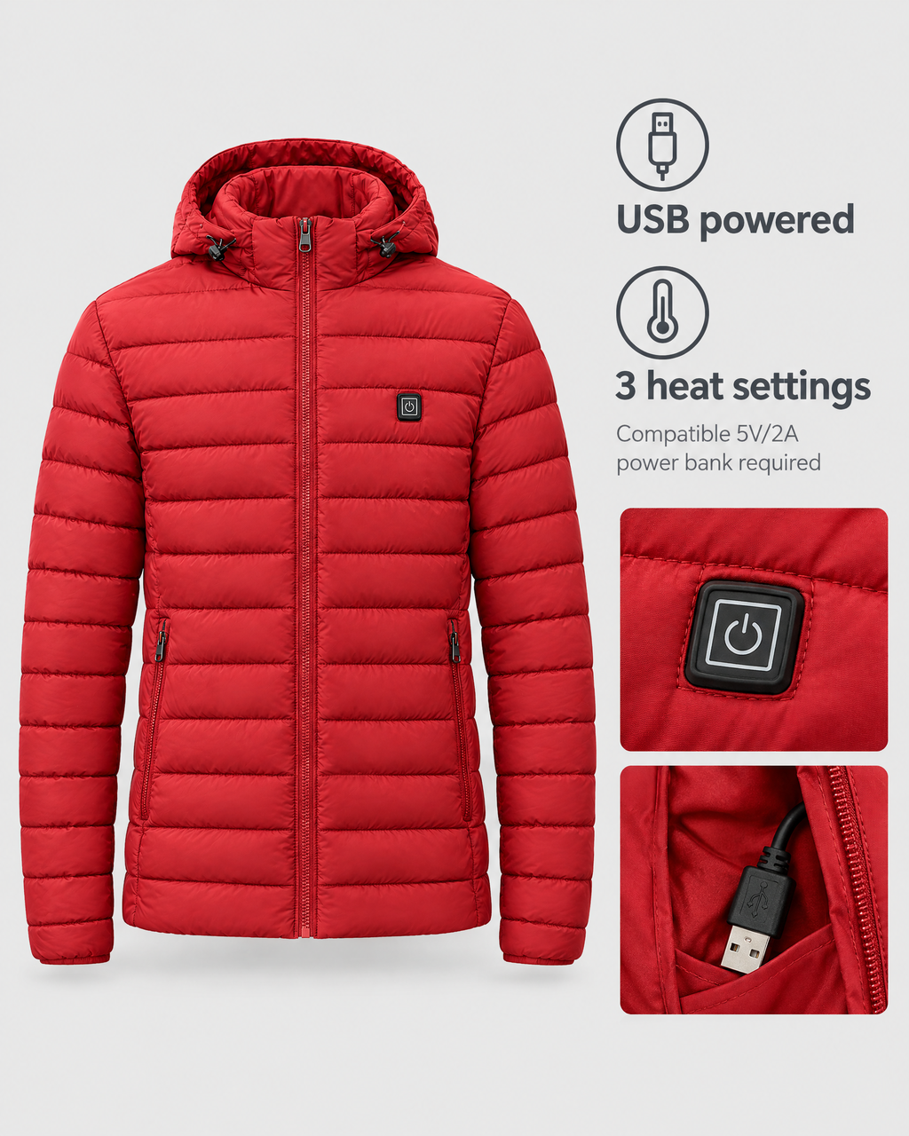 Men's USB Heated Jacket — 9 Areas Heated Red — power guide [WB gallery 17/9]