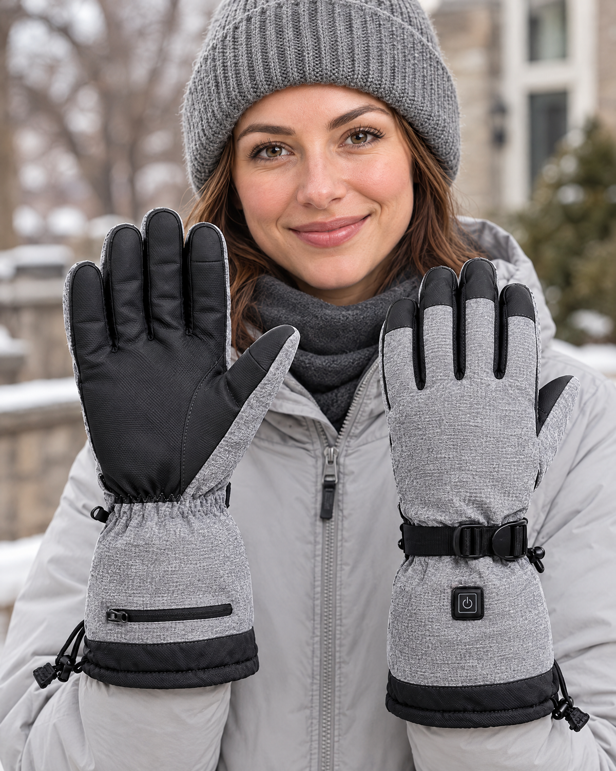 Electric Heated Winter Gloves — Y006 Gray Gloves BatteryBox Pair — lifestyle [WB gallery 19/6]