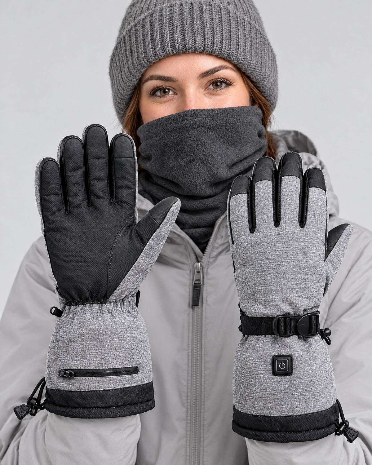 Electric Heated Winter Gloves — Y006 Gray Gloves BatteryBox Pair — fit detail [WB gallery 19/5]