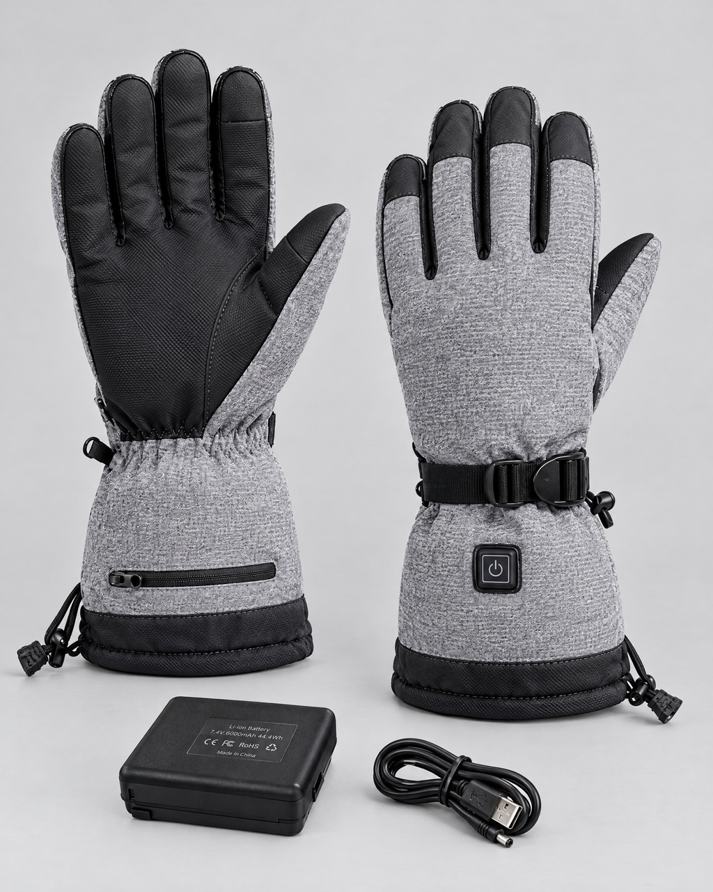 Electric Heated Winter Gloves — Y006 Gray Gloves 6000mAh Battery Box — product front [WB gallery 22/2]