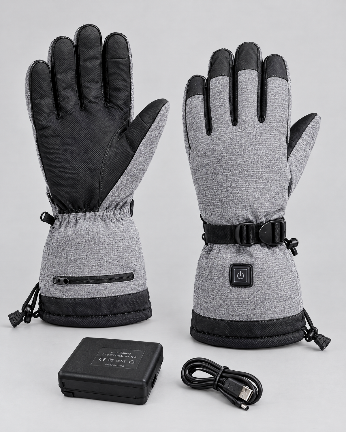 Electric Heated Winter Gloves — Y006 Gray Gloves 6000mAh Battery Box — product front [WB gallery 22/2]