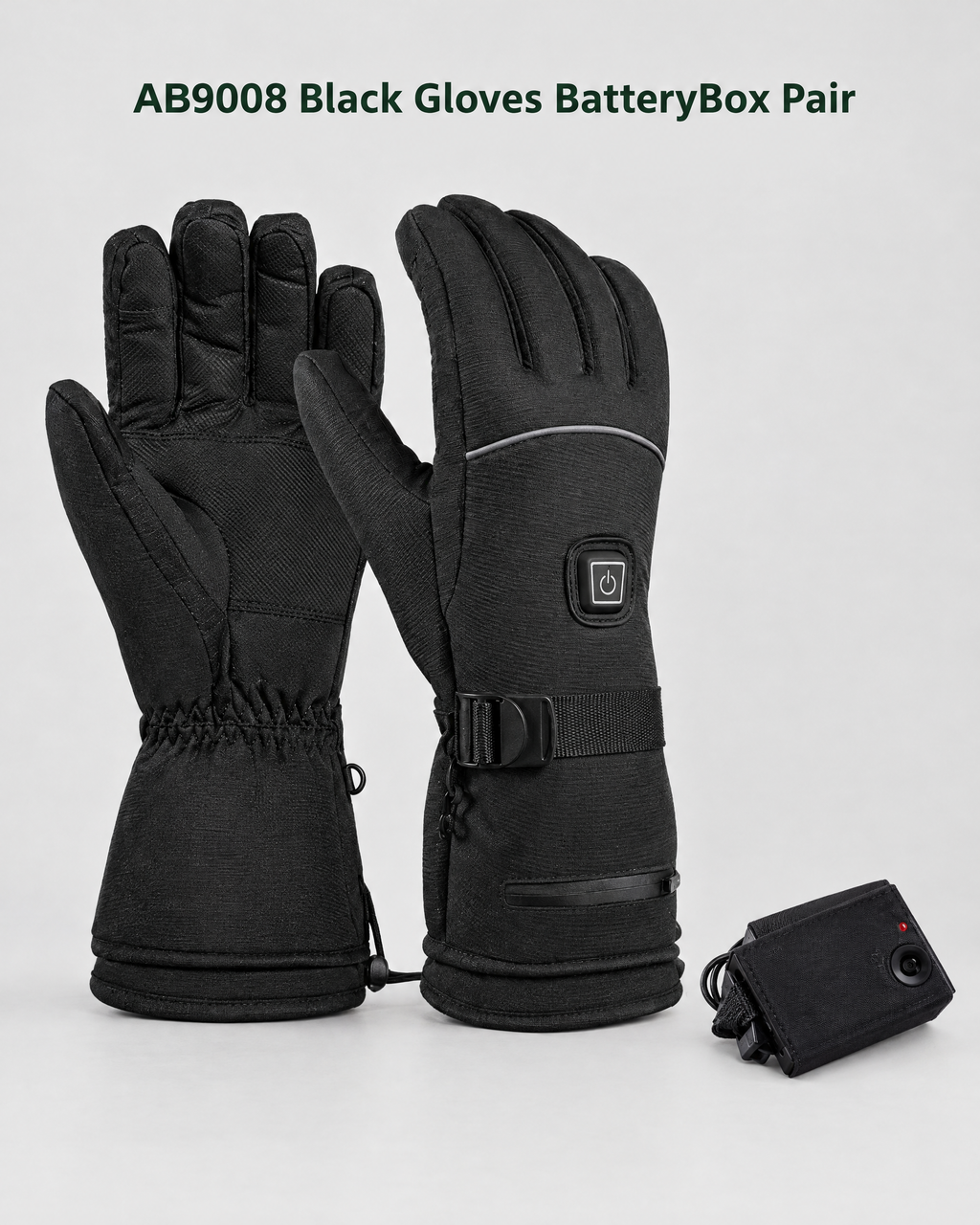 Electric Heated Winter Gloves — AB9008 Black Gloves BatteryBox Pair — contents guide [WB gallery 24/8]