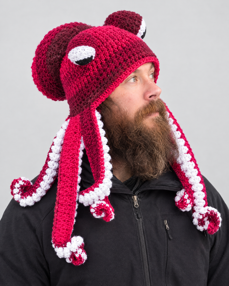 Crochet Octopus Beanie — Rose Red White — hero [WB gallery 29/1]