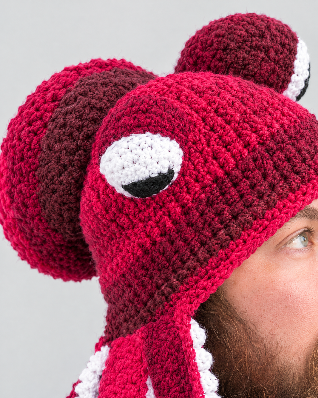 Crochet Octopus Beanie — Rose Red White — fit detail [WB gallery 29/5]