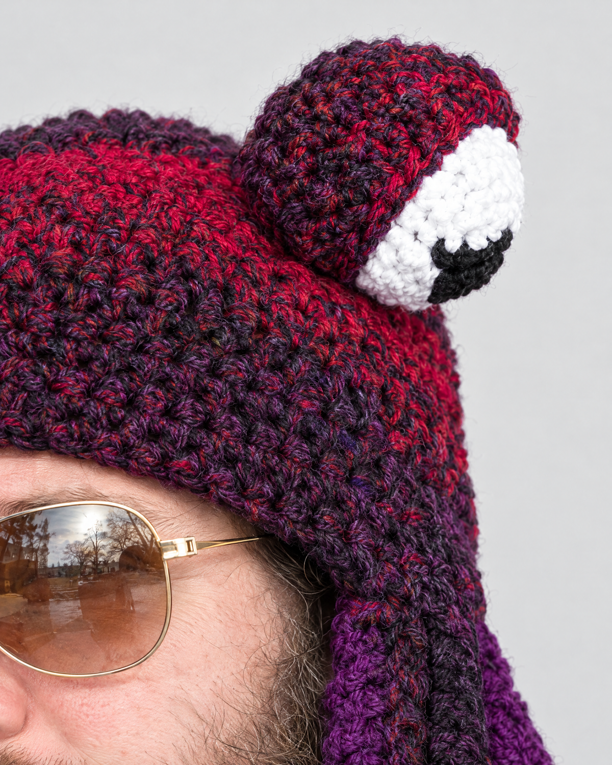 Crochet Octopus Beanie — Red Dark Purple — fit detail [WB gallery 30/5]