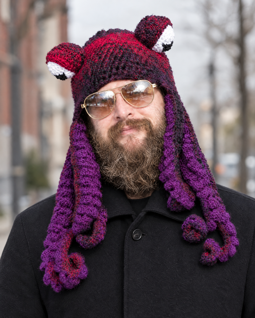 Crochet Octopus Beanie — Red Dark Purple — lifestyle [WB gallery 30/6]