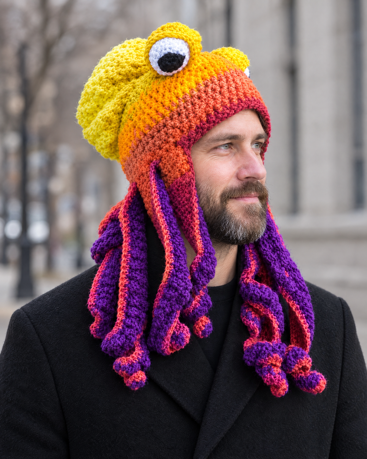 Crochet Octopus Beanie — Bright Yellow Purple — lifestyle [WB gallery 34/6]