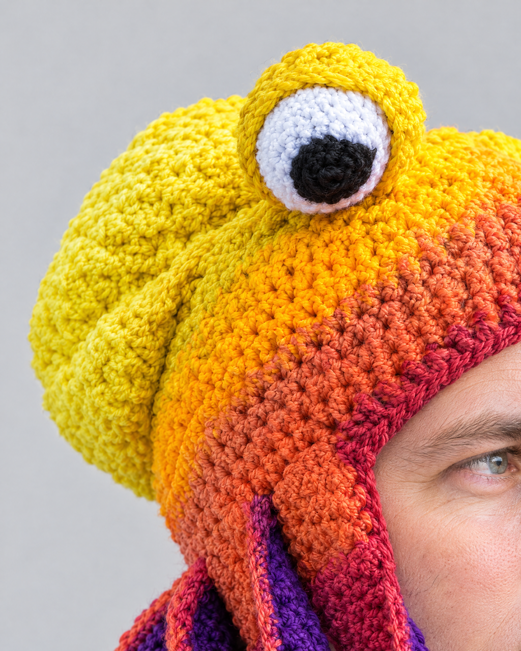 Crochet Octopus Beanie — Bright Yellow Purple — fit detail [WB gallery 34/5]