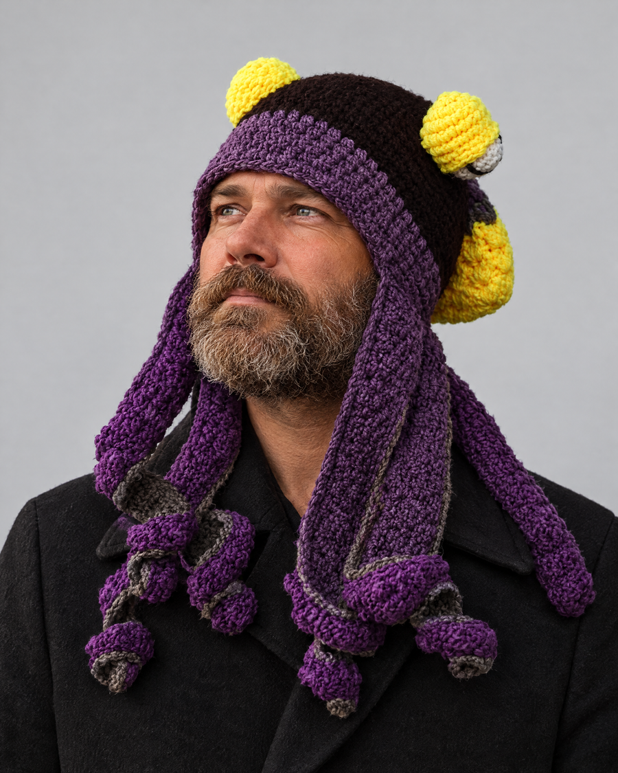 Crochet Octopus Beanie — Dark Coffee Purple — hero [WB gallery 36/1]