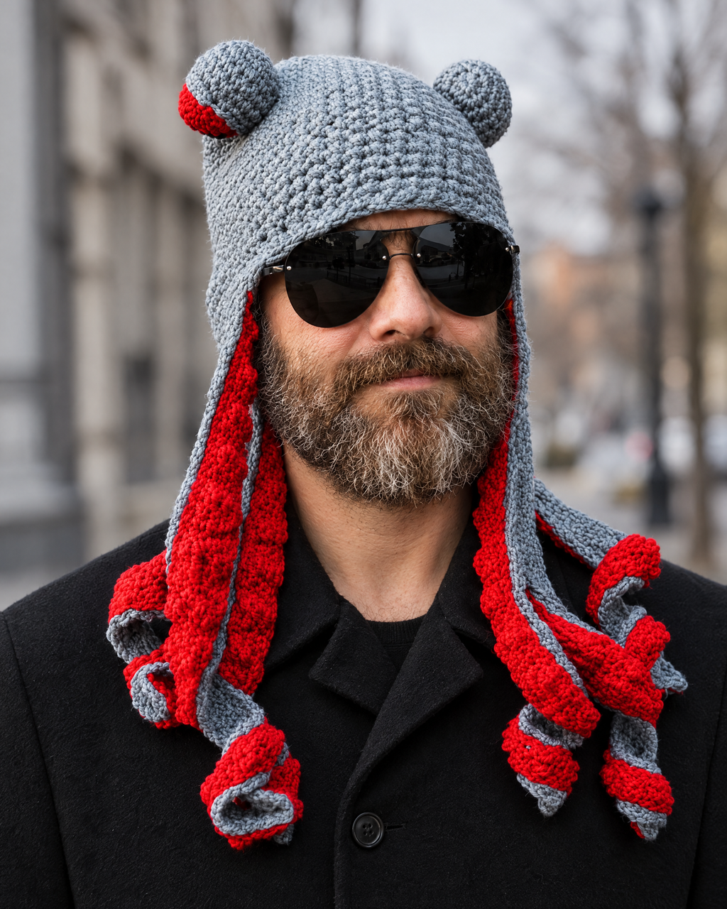 Crochet Octopus Beanie — Gray Red — lifestyle [WB gallery 35/6]