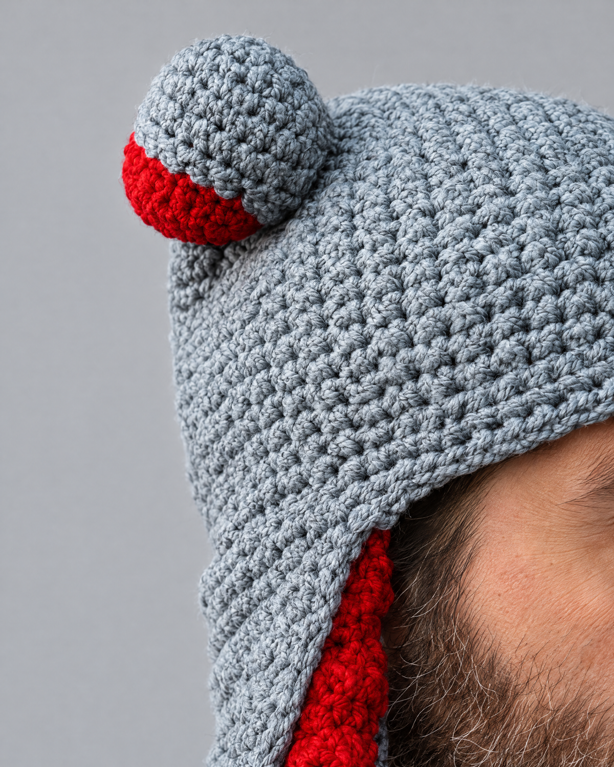Crochet Octopus Beanie — Gray Red — fit detail [WB gallery 35/5]