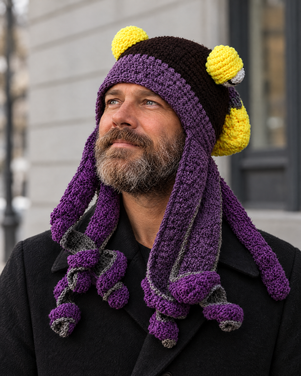 Crochet Octopus Beanie — Dark Coffee Purple — lifestyle [WB gallery 36/6]