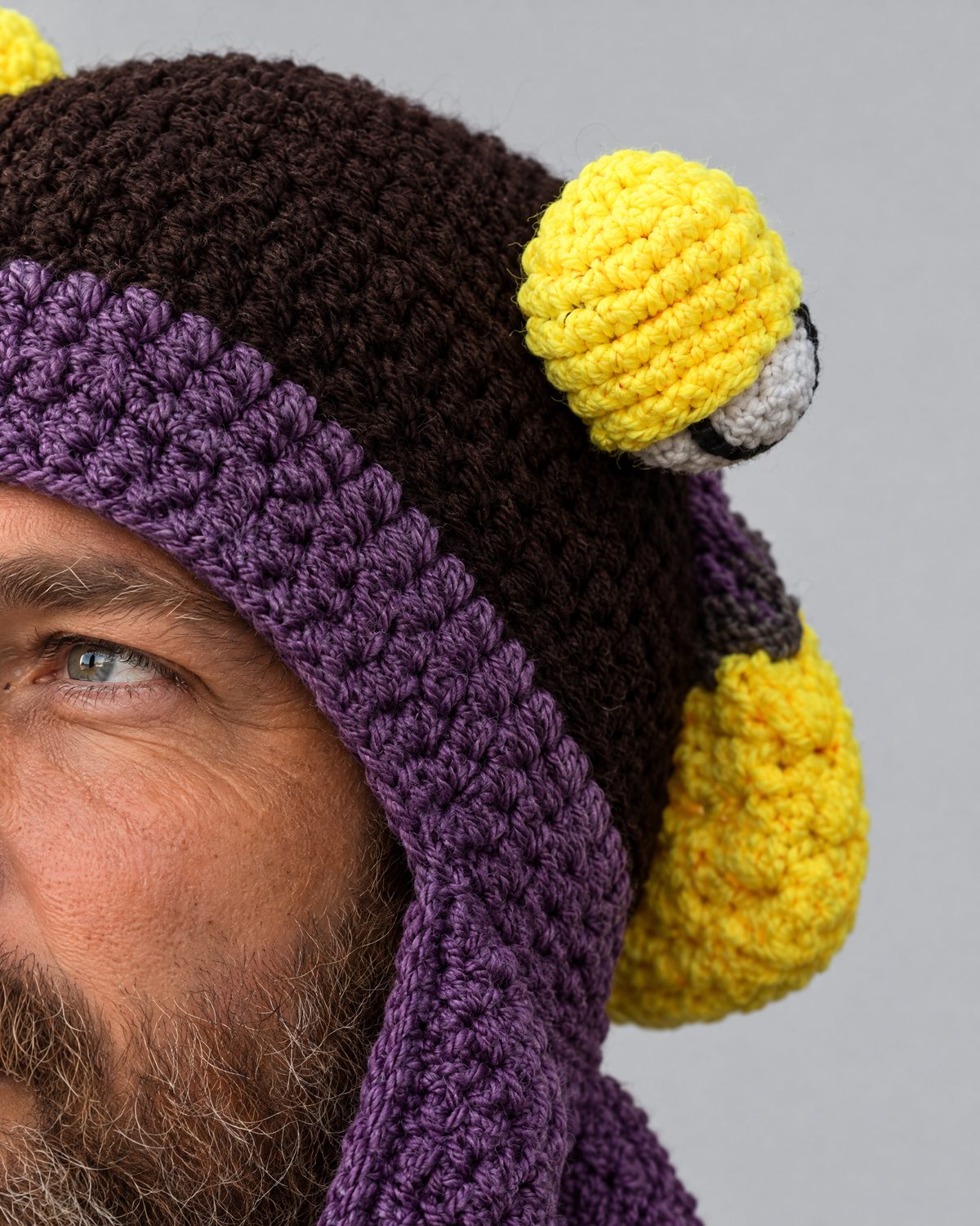Crochet Octopus Beanie — Dark Coffee Purple — fit detail [WB gallery 36/5]