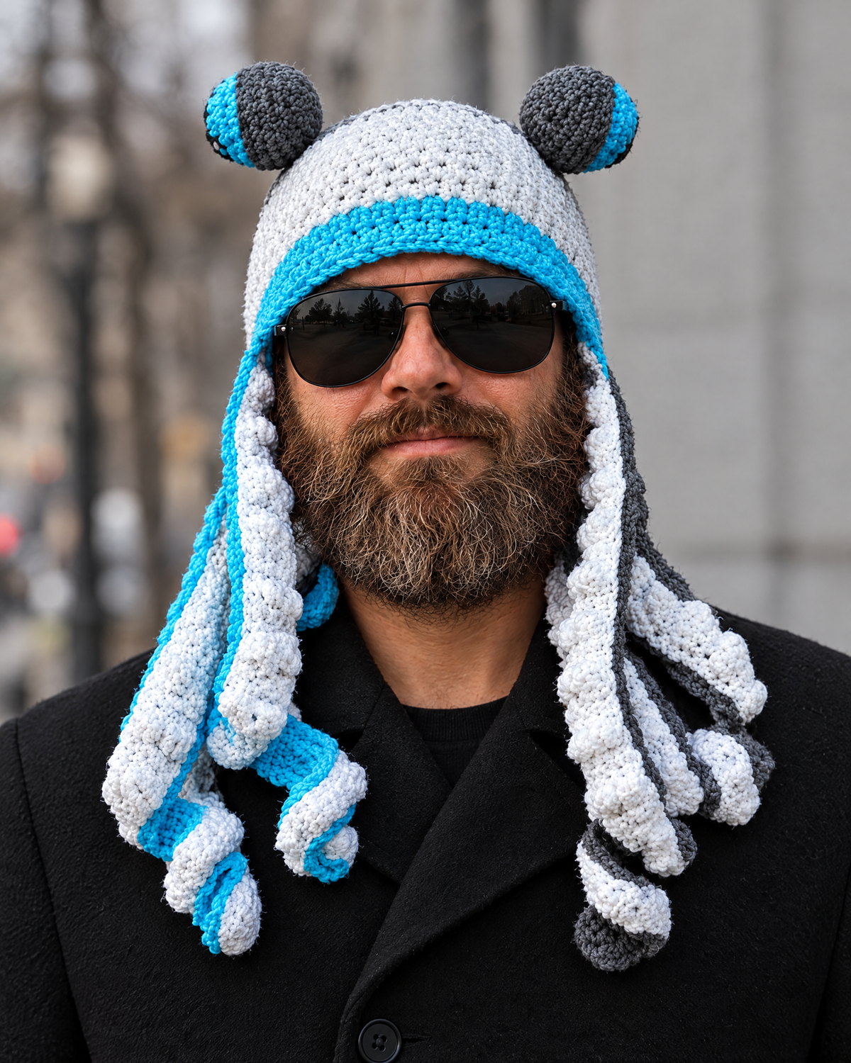 Crochet Octopus Beanie — Gray White Blue — lifestyle [WB gallery 37/6]