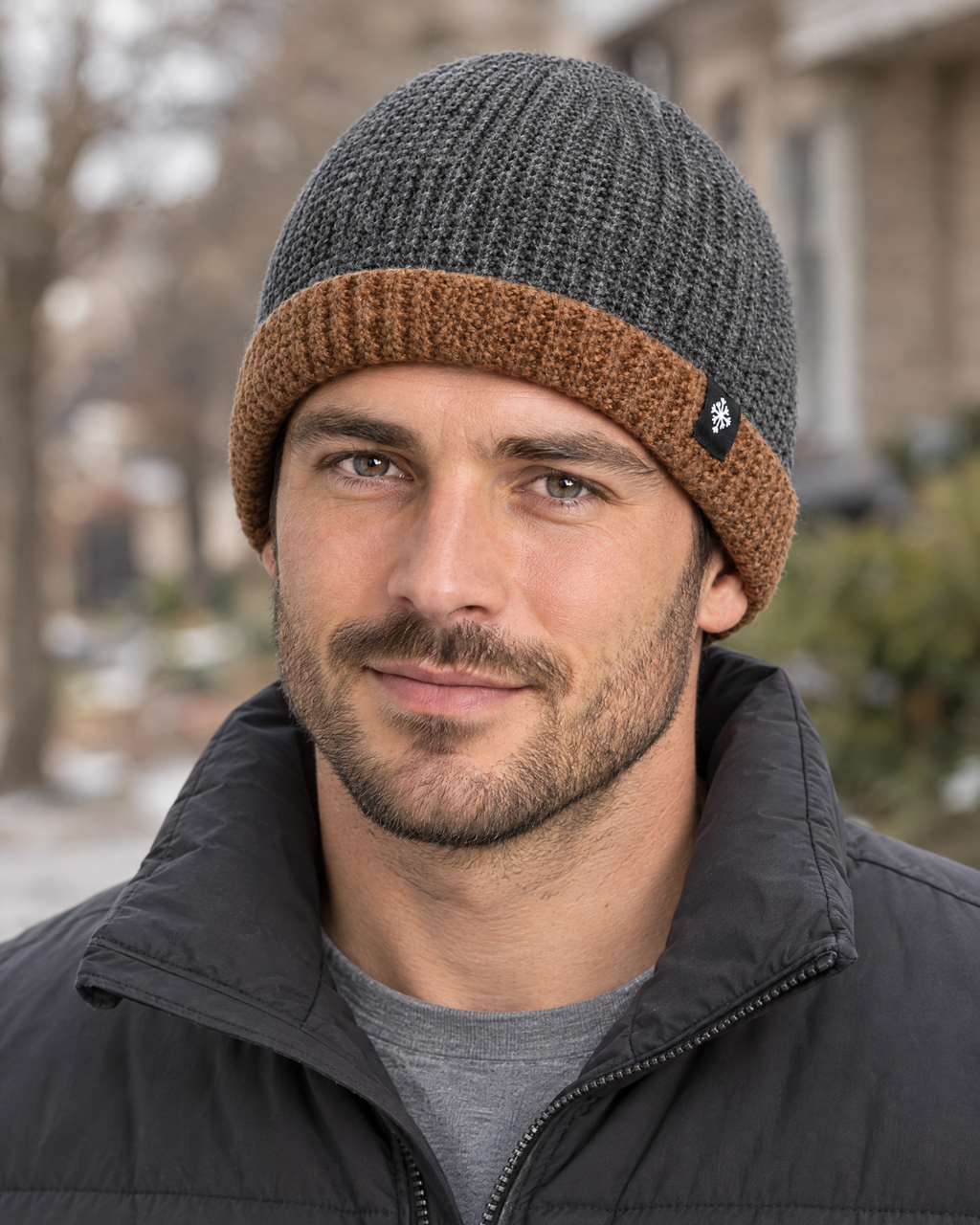 Men's Fleece-Lined Knit Beanie — Snowflake Logo Beanie - Gray — lifestyle [WB gallery 40/6]
