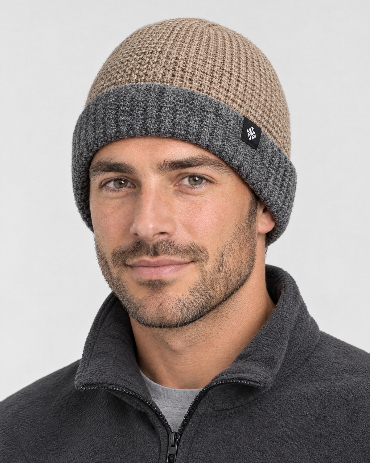 Men's Fleece-Lined Knit Beanie — Snowflake Logo Beanie - Khaki — fit detail [WB gallery 43/5]