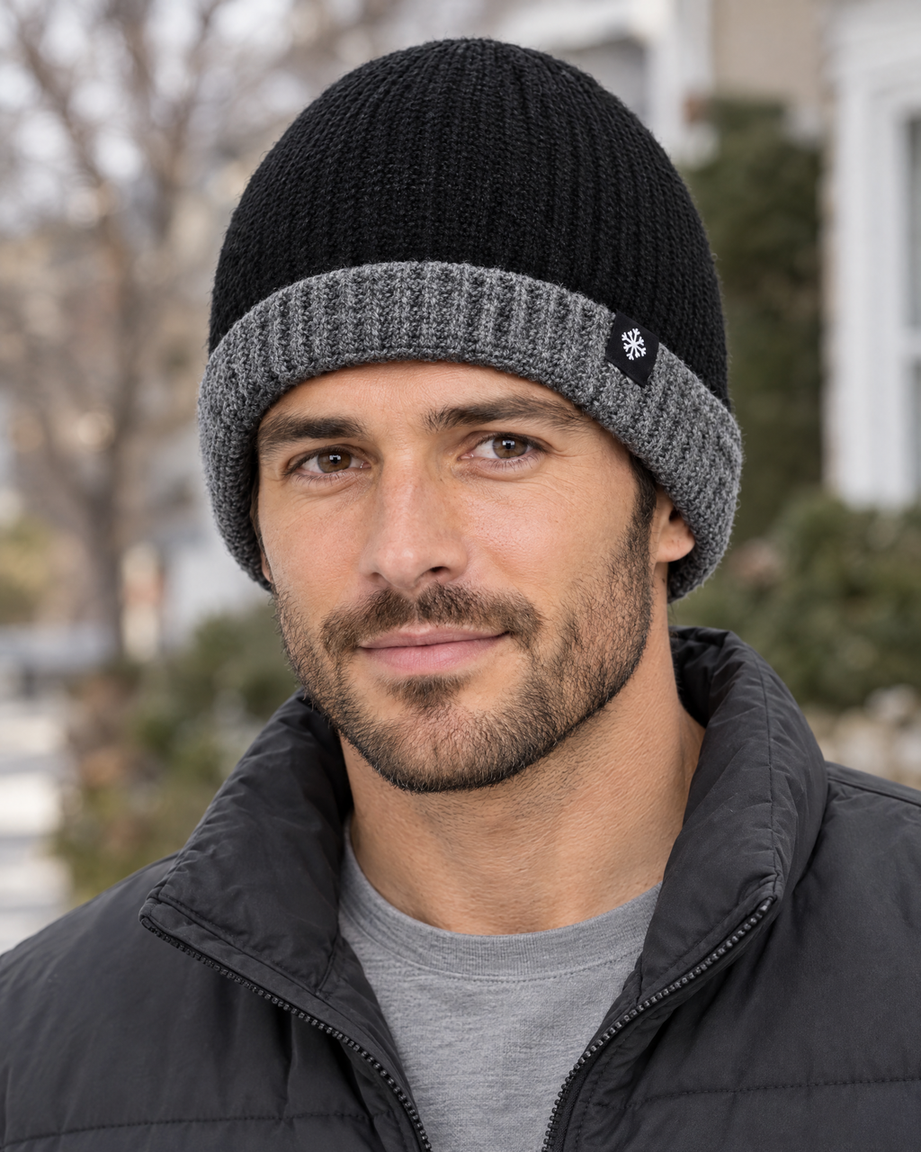 Men's Fleece-Lined Knit Beanie — Snowflake Logo Beanie - Black — lifestyle [WB gallery 44/6]