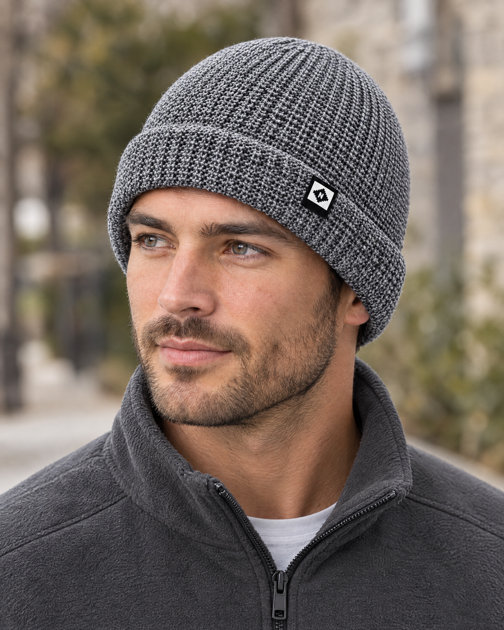 Men's Fleece-Lined Knit Beanie — Small N logo beanie - gray — lifestyle [WB gallery 47/6]