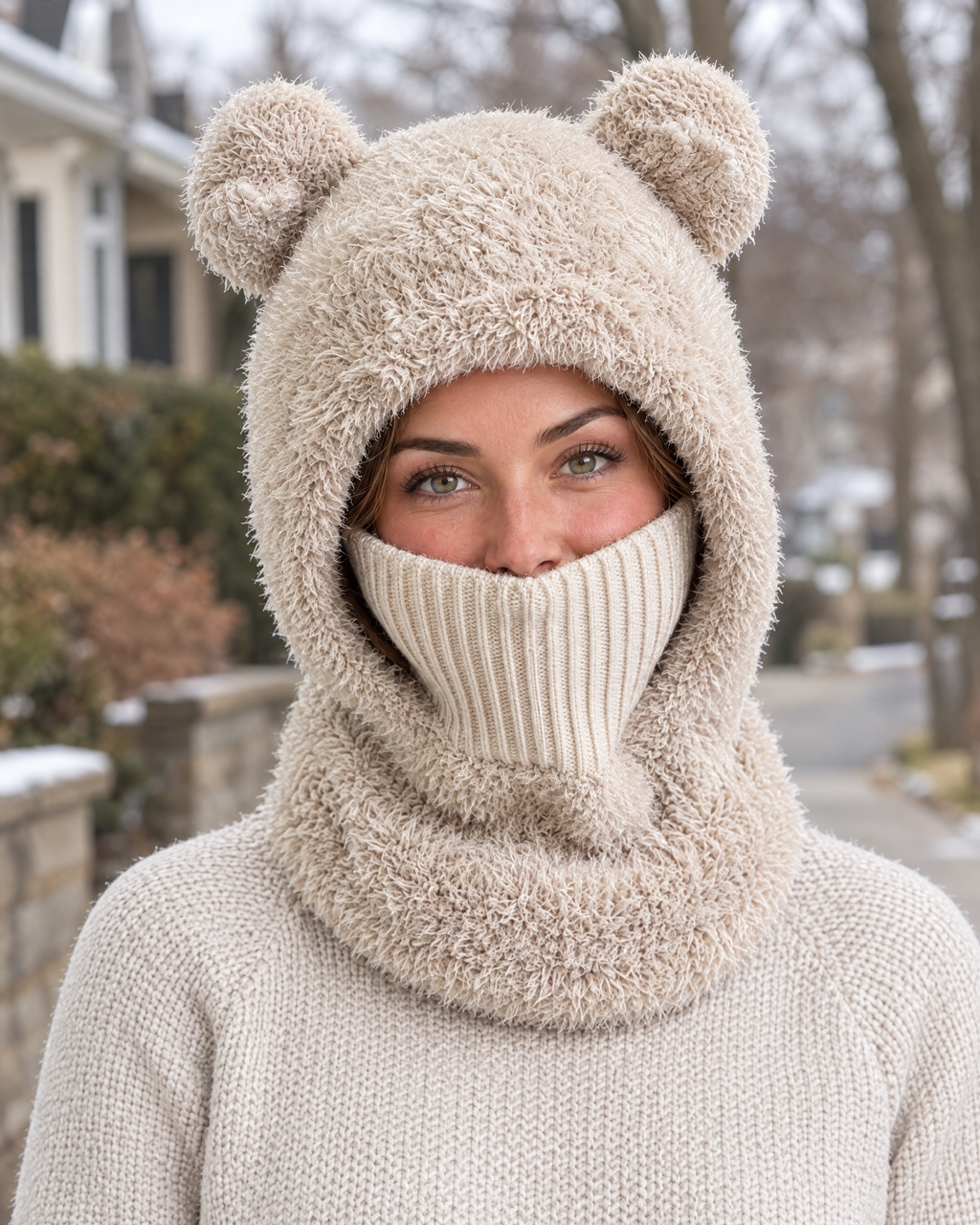Plush Bear-Ear Hood - Adult & Kids — Adult Light Khaki — lifestyle [WB gallery 54/6]