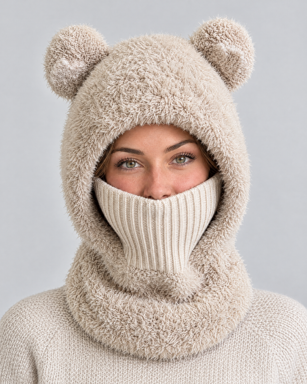 Plush Bear-Ear Hood - Adult & Kids — Adult Light Khaki — fit detail [WB gallery 54/5]