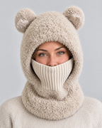 Plush Bear-Ear Hood - Adult & Kids — Adult Light Khaki — fit detail [WB gallery 54/5]