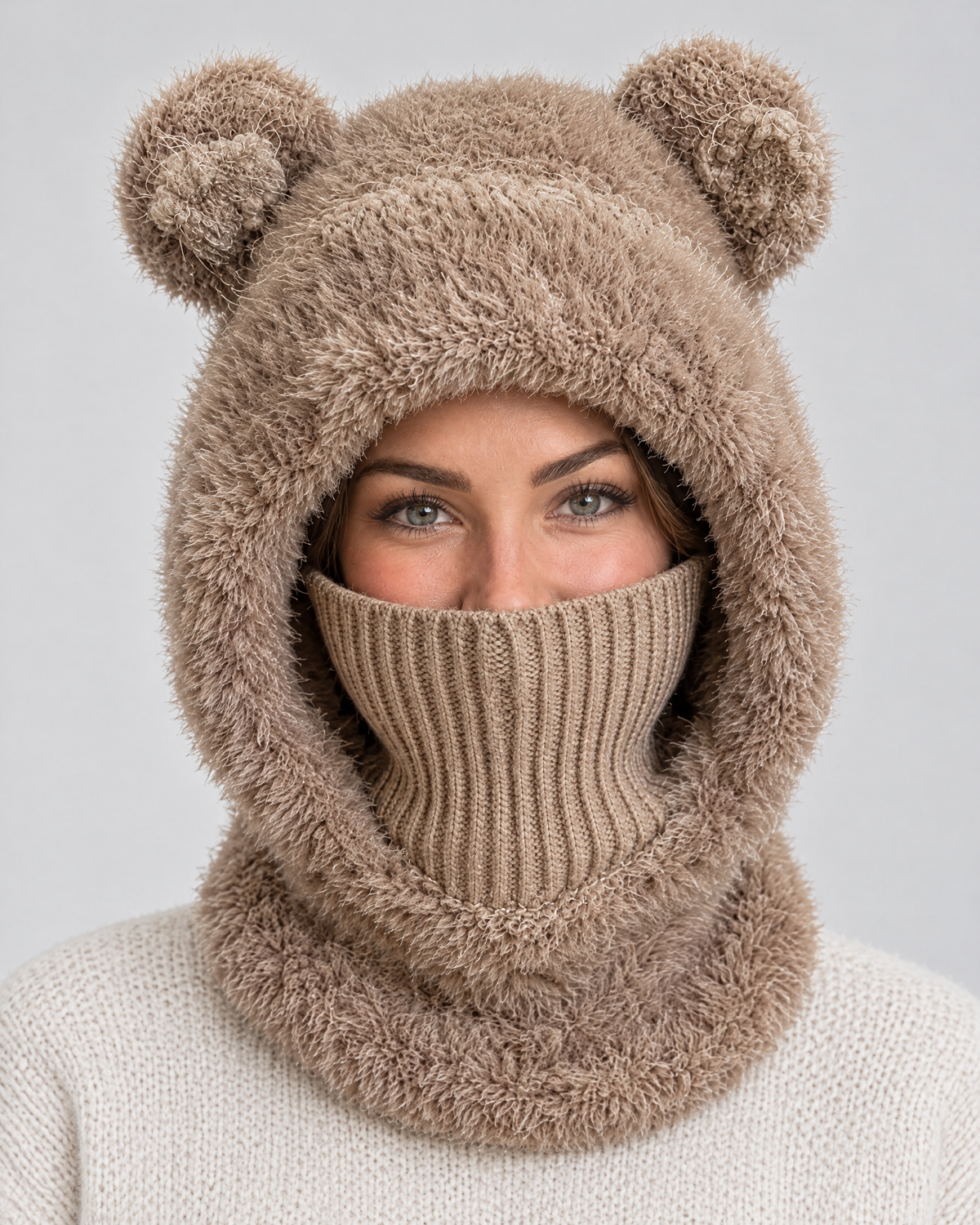 Plush Bear-Ear Hood - Adult & Kids — Adult Dark Khaki — fit detail [WB gallery 56/5]