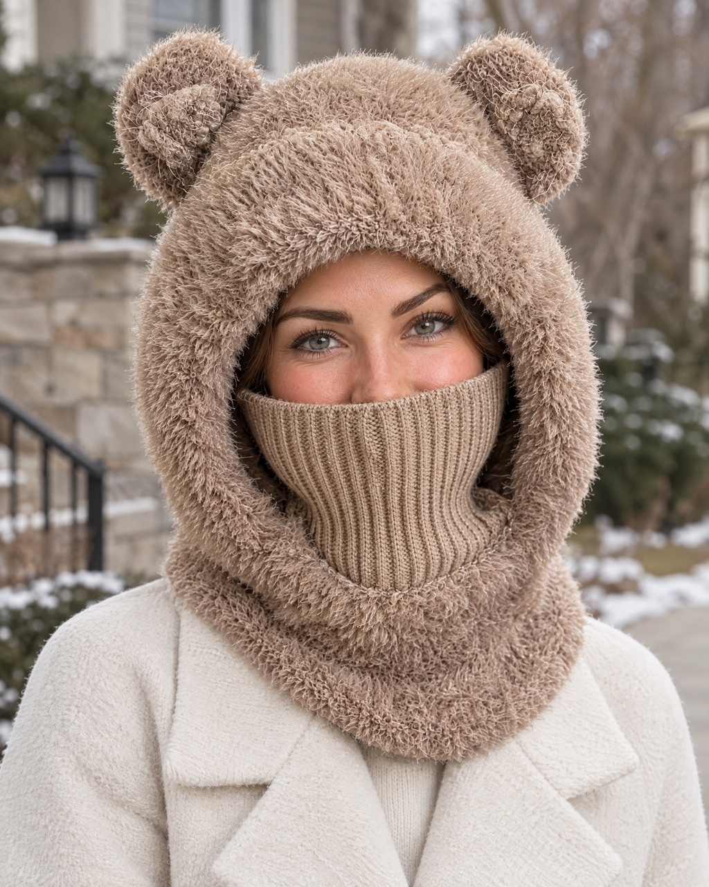 Plush Bear-Ear Hood - Adult & Kids — Adult Dark Khaki — lifestyle [WB gallery 56/6]