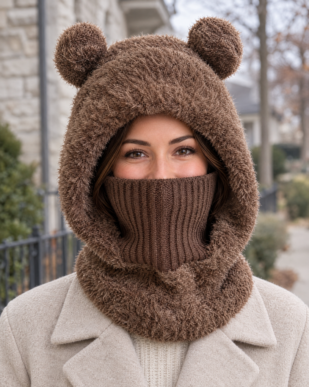 Plush Bear-Ear Hood - Adult & Kids — Adult Dark Brown — lifestyle [WB gallery 57/6]