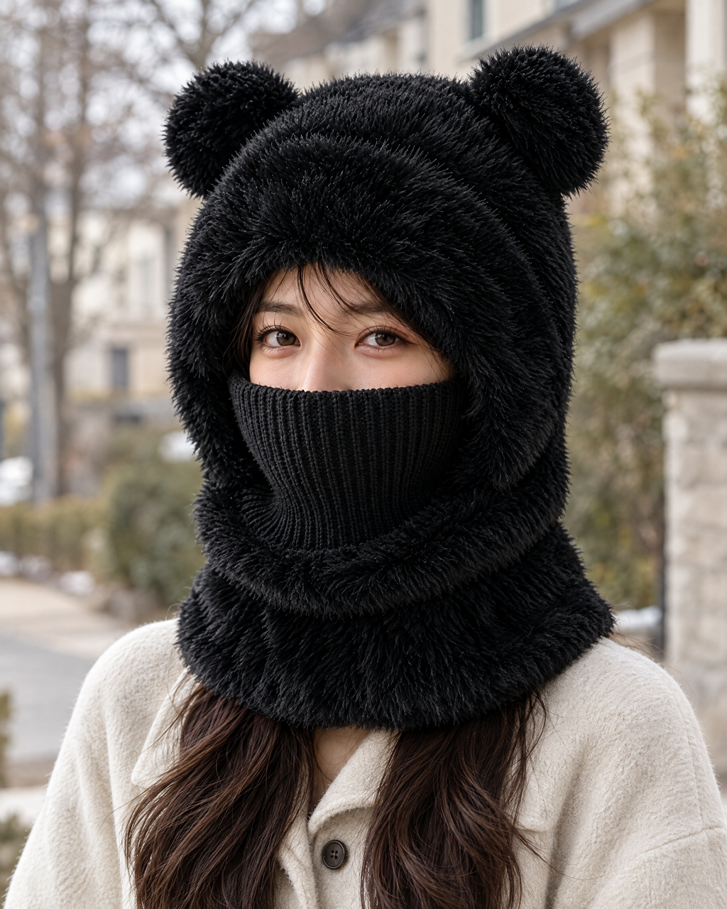 Plush Bear-Ear Hood - Adult & Kids — Adult Black — lifestyle [WB gallery 58/6]