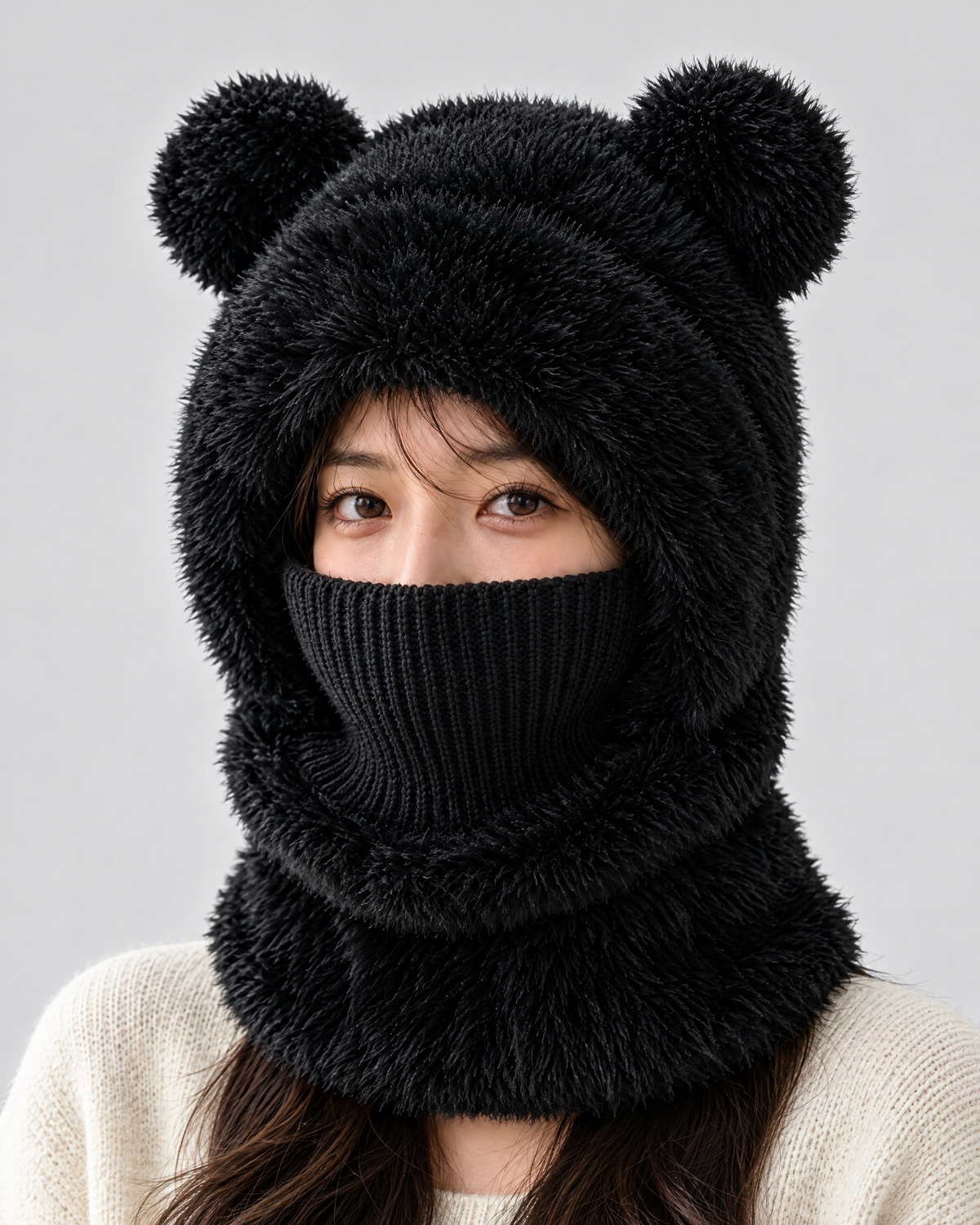 Plush Bear-Ear Hood - Adult & Kids — Adult Black — fit detail [WB gallery 58/5]