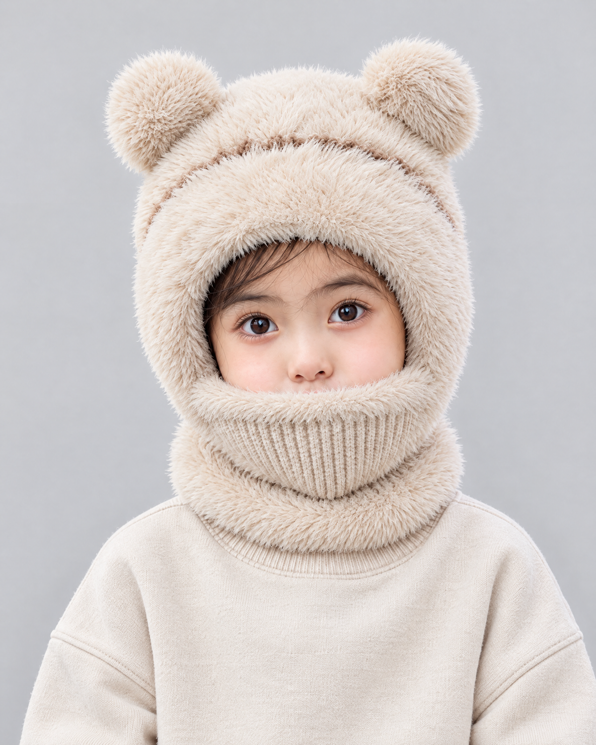 Plush Bear-Ear Hood - Adult & Kids — Kids Beige — fit detail [WB gallery 60/5]