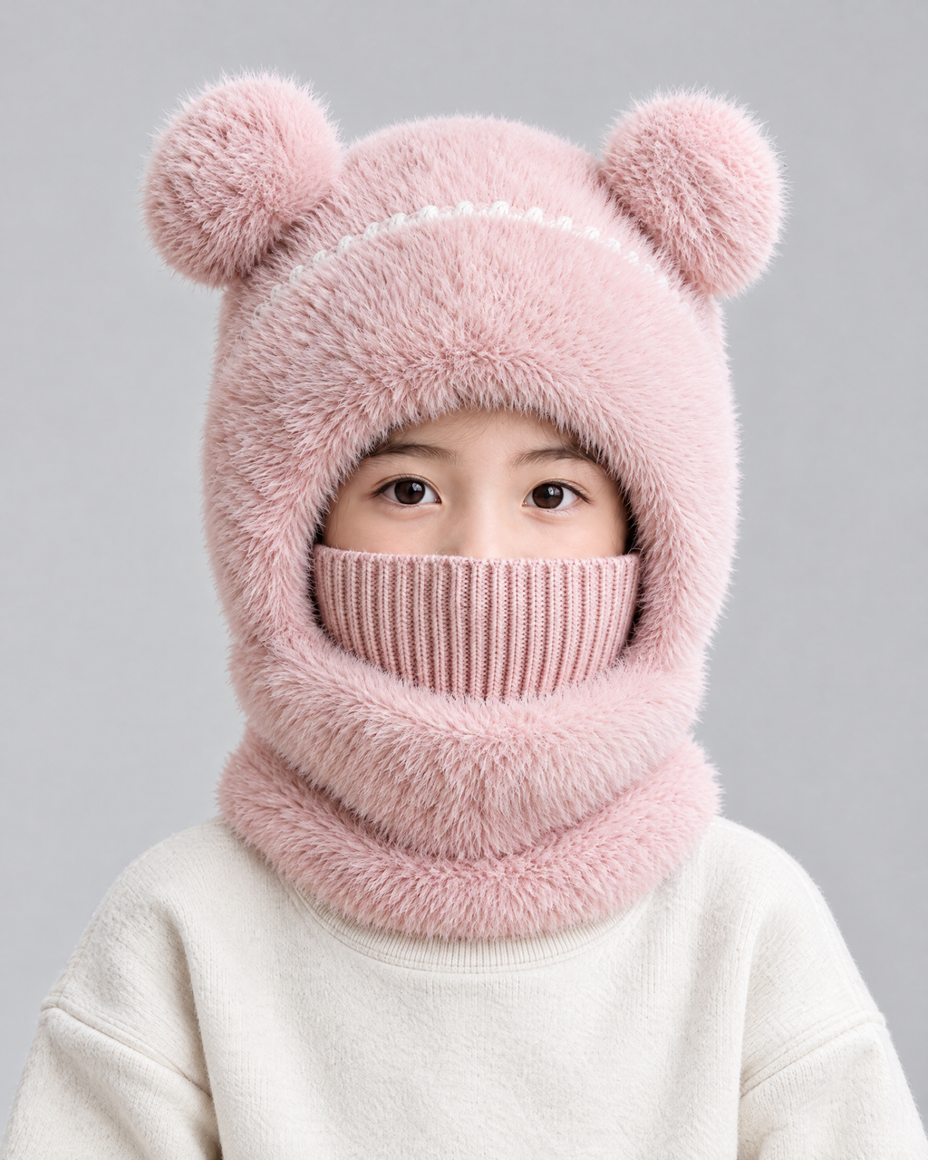 Plush Bear-Ear Hood - Adult & Kids — Kids Pink — fit detail [WB gallery 62/5]