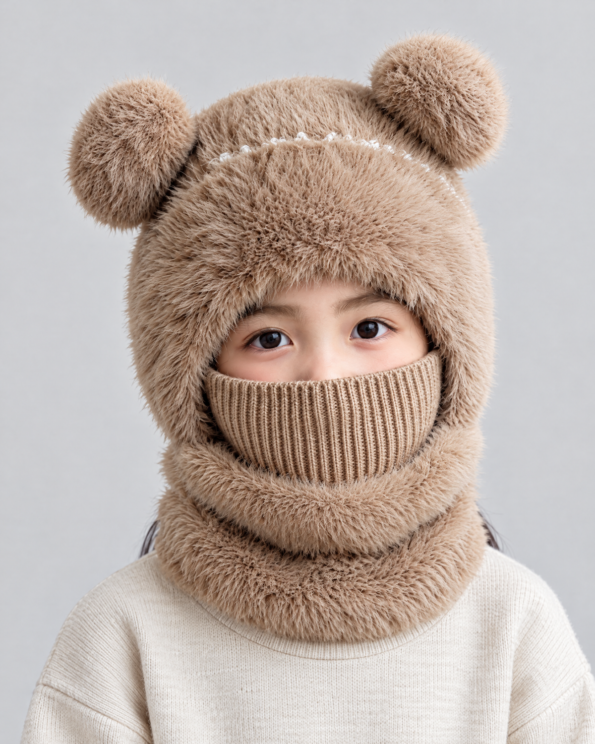 Plush Bear-Ear Hood - Adult & Kids — Kids Khaki — fit detail [WB gallery 63/5]