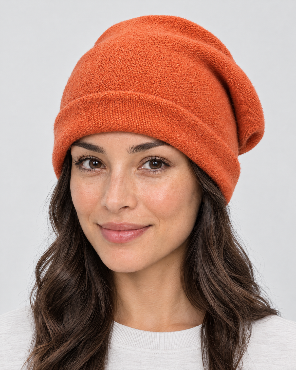 Everyday Knit Beanie — Tangerine — fit detail [WB gallery 71/5]