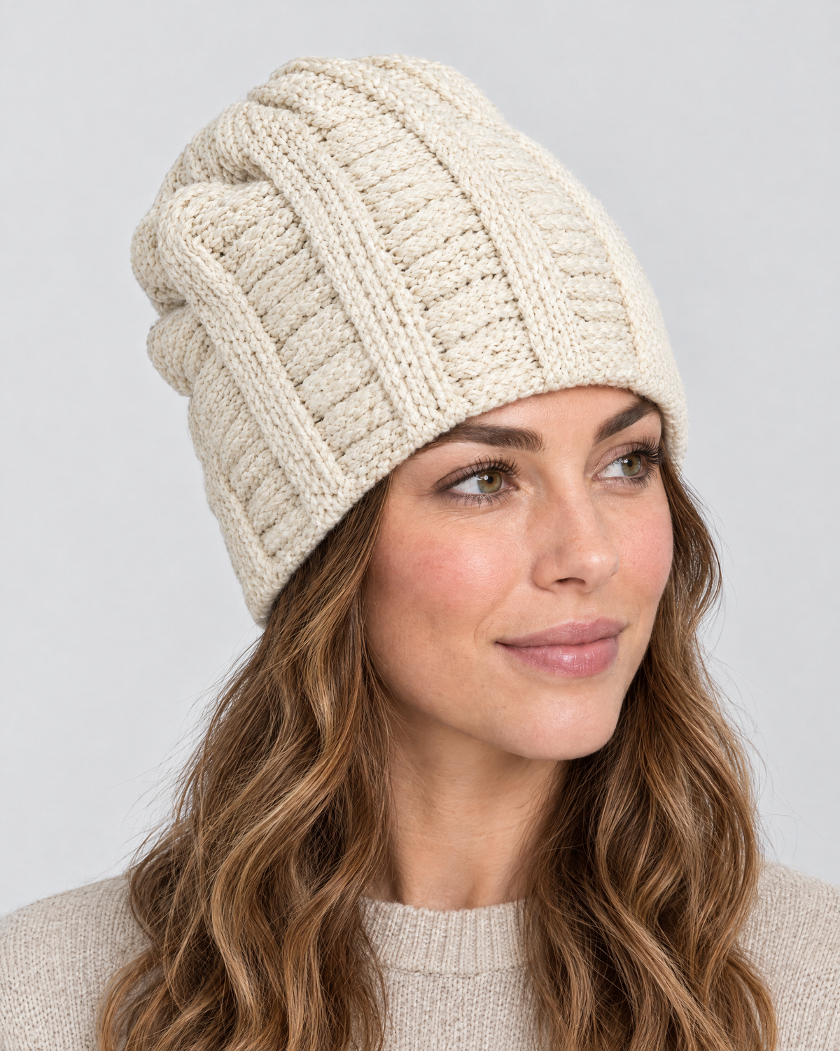 Soft Stretch Knit Beanie — Beige — fit detail [WB gallery 73/5]