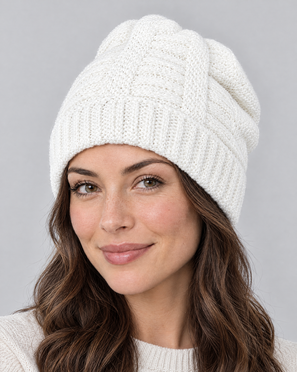 Soft Stretch Knit Beanie — White — fit detail [WB gallery 74/5]