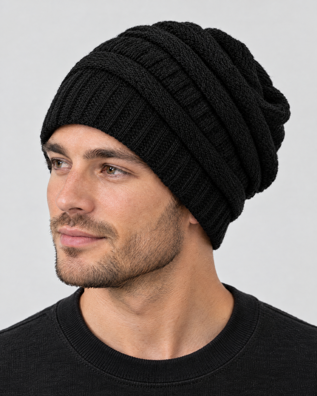 Soft Stretch Knit Beanie — Black — fit detail [WB gallery 75/5]