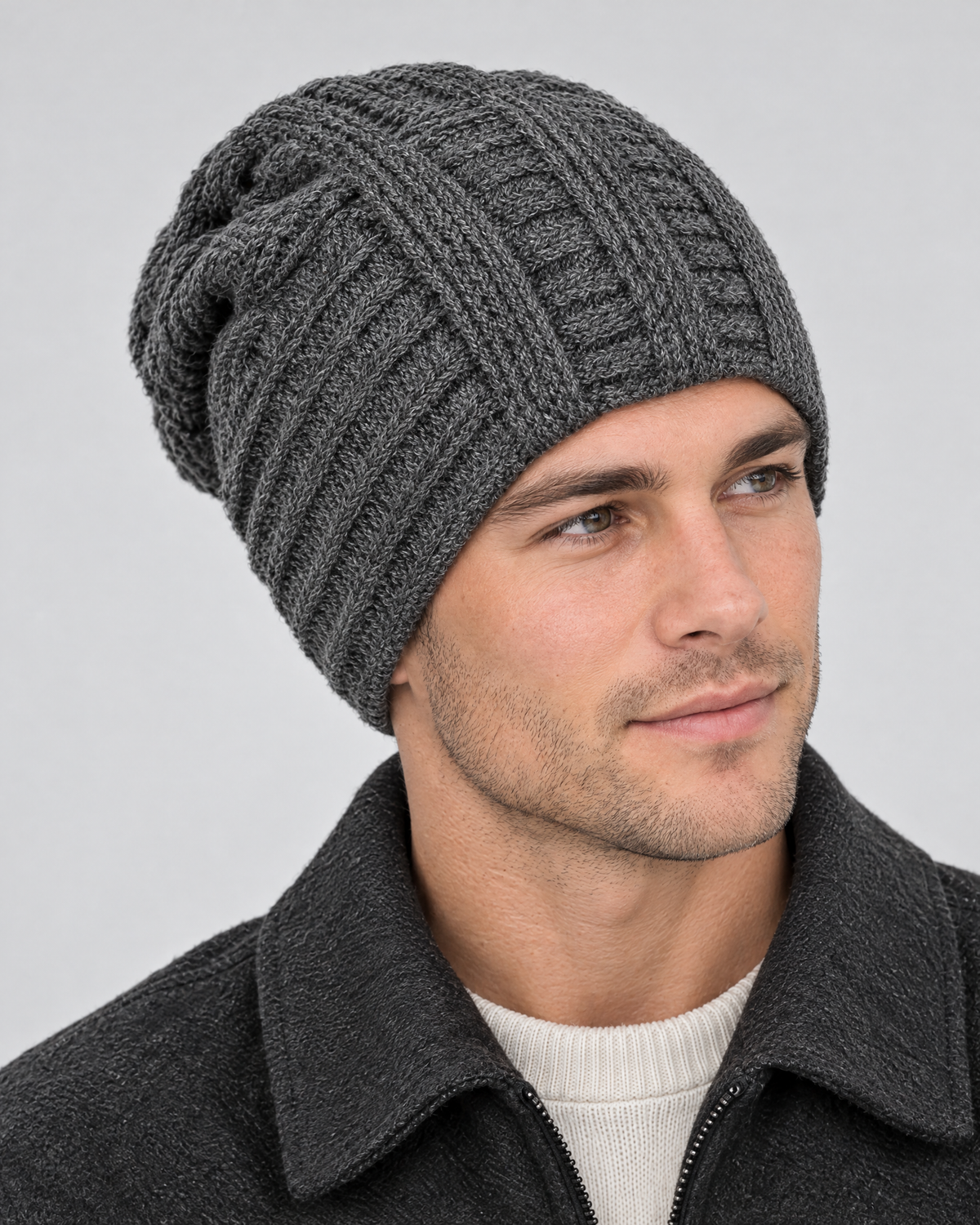 Soft Stretch Knit Beanie — Gray — fit detail [WB gallery 76/5]