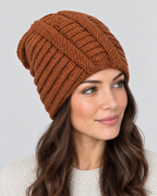 Soft Stretch Knit Beanie — Caramel color — fit detail [WB gallery 77/5]