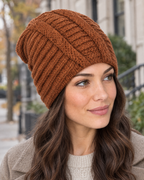 Soft Stretch Knit Beanie — Caramel color — lifestyle [WB gallery 77/6]