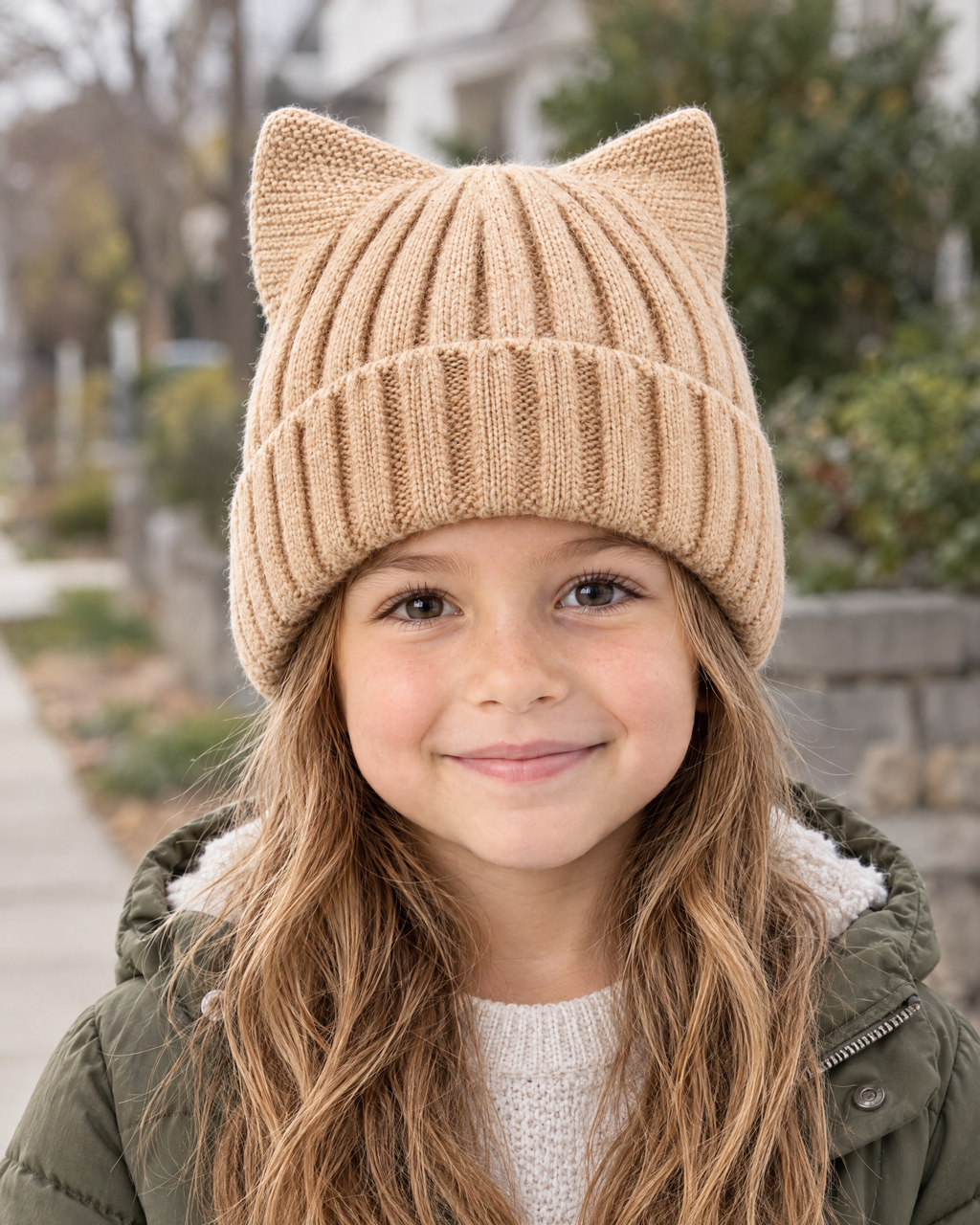 Kids Cat-Ear Wool Beanie — Kids Khaki — lifestyle [WB gallery 79/6]