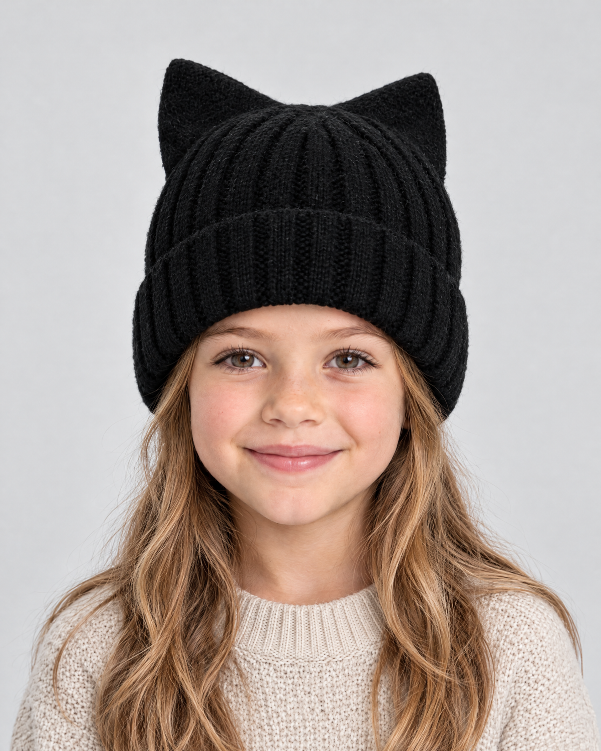 Kids Cat-Ear Wool Beanie — Kids Black — fit detail [WB gallery 81/5]