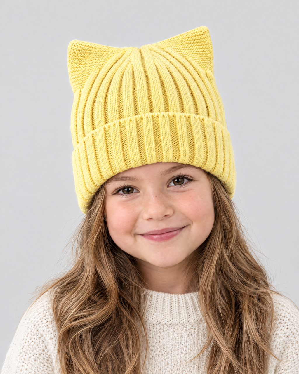 Kids Cat-Ear Wool Beanie — Kids Yellow — fit detail [WB gallery 82/5]